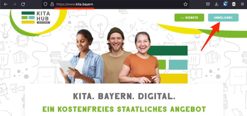 Das Bild zeig einen Screenshot der Landing Page www.kita.bayern. Darauf wird die Internetadresse www.kita.bayern unterstrichen und ein Pfeil auf den Button Anmeldung gesetzt. Bitte gehen Sie auch auch direkt auf www.kita.bayern und navigieren zum Button Anmeldung und melden sie sich dort mit ihren Zugangsdaten an.