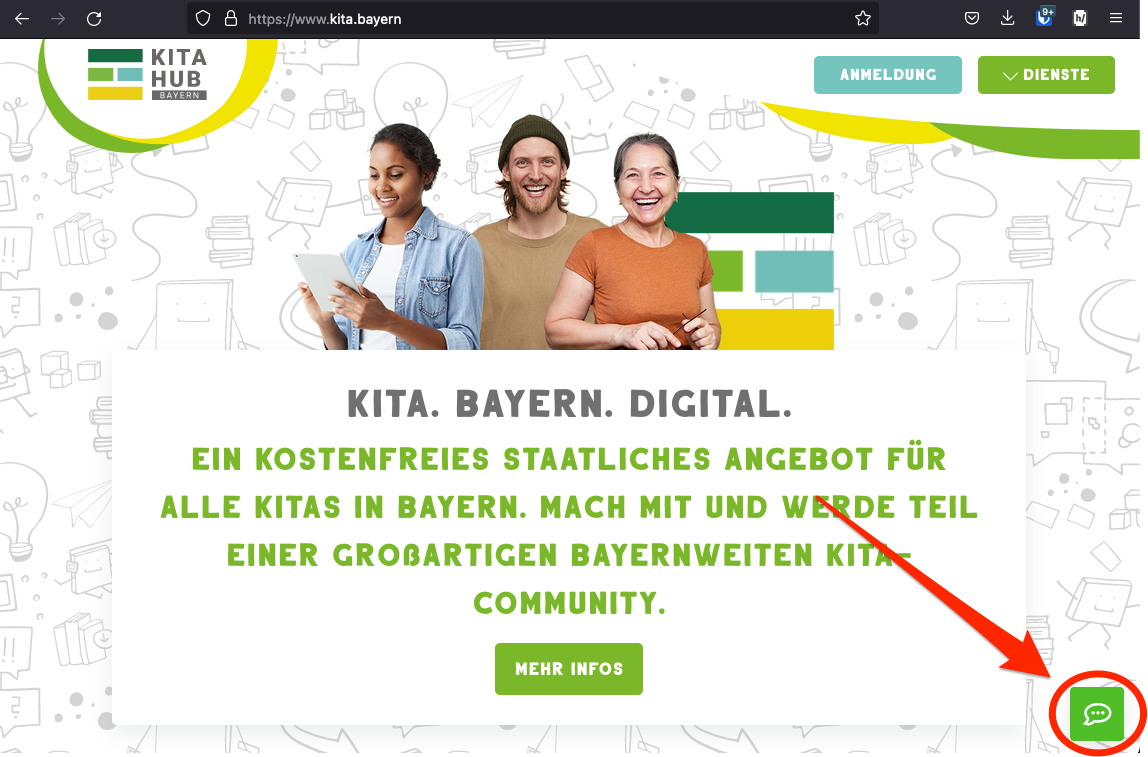 Screenshot von www.kita.bayern mit dem eingekreisten Omnichannel Symbol von Rocket.Chat. Der Omnichannel befindet sich als letztes Element ganz unten auf der Seite / Tabbed Browsing